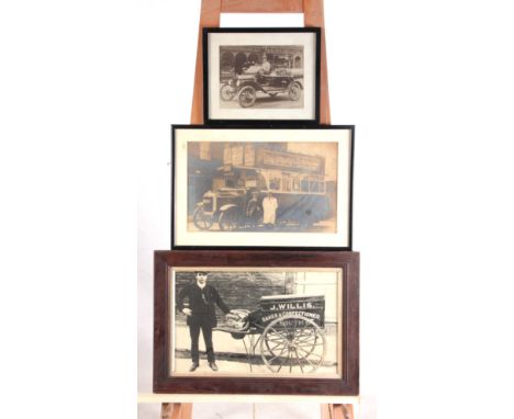 THREE LARGE EARLY 20th CENTURY PHOTOGRAPHIC PRINT OF A VINTAGE ADVERTISING AUTOMOBILIA largest measures 29.5cm high, 47.5cm w