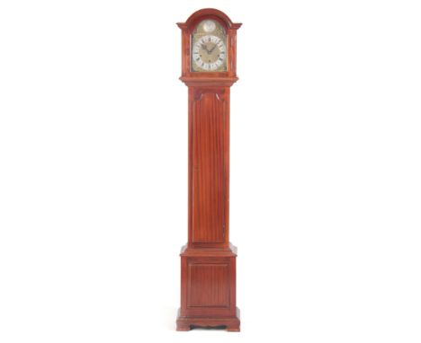 AN EARLY 20th CENTURY MAHOGANY QUARTER CHIMING GRANDMOTHER CLOCK the break arch hood with canted corners and pierced sound fr