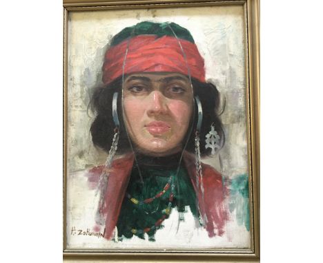 H. ZOHURIHN. Framed, signed, oil on canvas, portrait of a woman, 39cm x 29cm, together with A. GHAFARI. Framed, signed, oil o