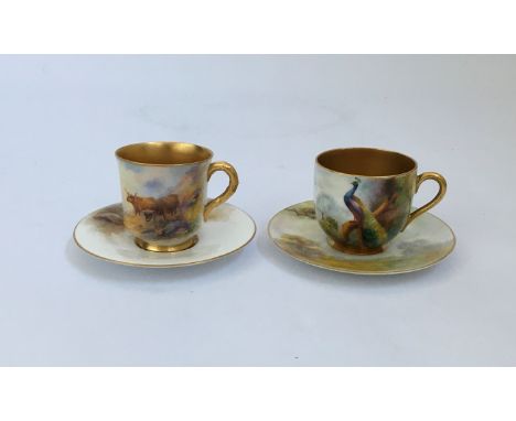 A Royal Worcester highland cattle Harry Stinton teacup and saucer, signed, with Peacock teacup and saucer. IMPORTANT: Online 