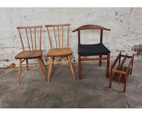 Two ercol stick back chairs with a teak mid century hoop back dining chair and a teak magazine rack. IMPORTANT: Online viewin