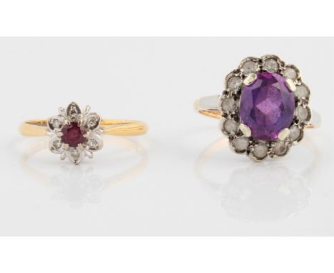 A ruby and diamond flower cluster ring, stamped 18ct, ring size P, together with a purple sapphire (possibly synthetic) and c