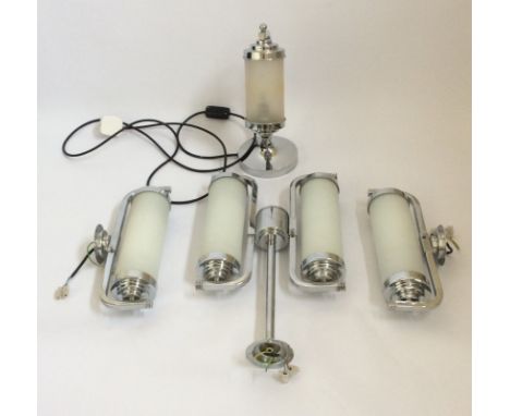 A chrome Art Deco style ceiling light fitting with cylinder frosted shades together with a pair of matching wall lights and t