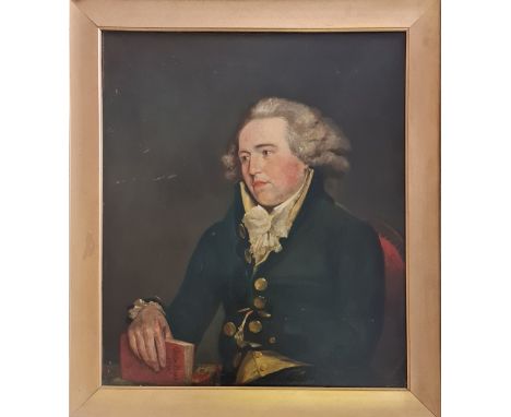 Framed, unsigned oil on canvas, portrait of Georgian gentleman holding ‘Order Book 1790’, 75cm x 63cm.&nbsp;IMPORTANT: Online