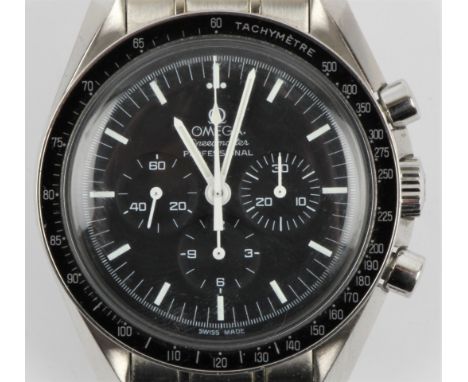 A gents Omega Speedmaster Professional Moonwatch, the black dial having hourly baton markers with subsidiary dials to three, 