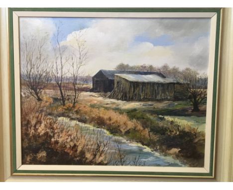 R. L. SHAW. Two framed, signed acrylic on canvas, one titled ‘The Watercress Shed’, 39cm x 49cm, with ‘Calm of Evening, Rudla