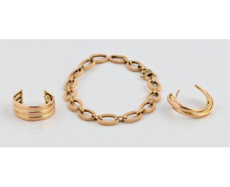 A hallmarked 9ct yellow gold bracelet, a ring stamped 9kt and a hallmarked 9ct yellow gold single hoop earring, (all items A/