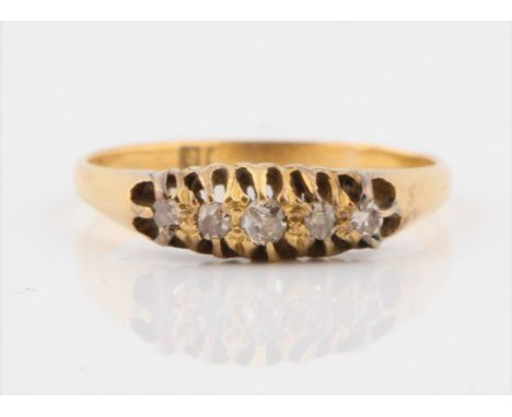 A diamond five stone ring, set with five graduated old cut diamonds, total diamond weight approx. 0.19ct, hallmark rubbed, ri