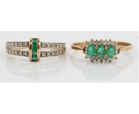 Two hallmarked 9ct yellow gold emerald and diamond rings, one of cluster design, ring size S½, the other of split band design