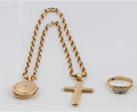 A lot of hallmarked 9ct yellow gold jewellery, to include a two stone diamond ring, total diamond weight 0.06ct, along with a