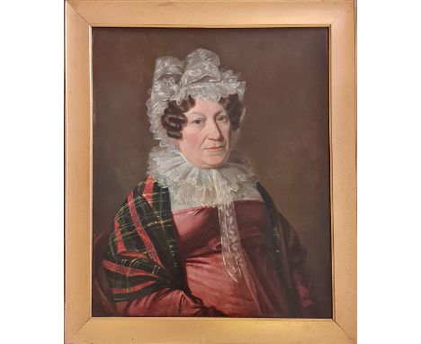 W. J. PRINGLE. Framed, signed and dated 1820 oil on canvas, portrait of lady wearing bonnet, 75.5cm x 62cm. IMPORTANT: Online