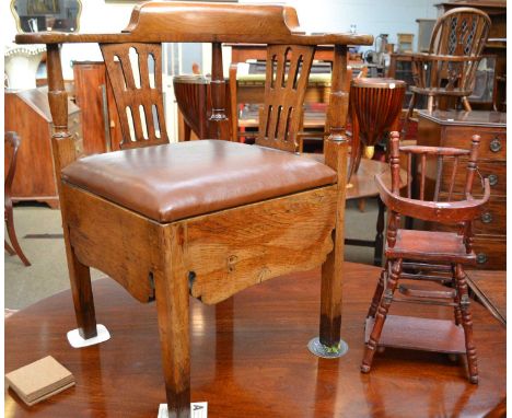 A dolls metamorphic highchair, and a 19th century oak corner commode chair (2)