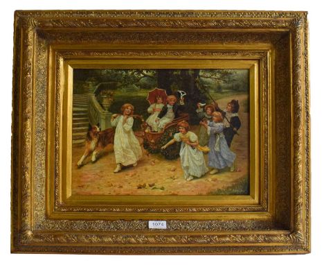 Manner of Frederick Morgan, Playing with the puppies, an oleograph, together with a companion and a collection of other oleog