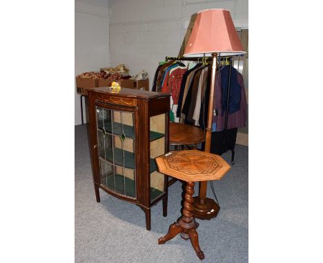 An oak gateleg table, an inlaid barley twist tripod table, a standard lamp and two glazed hanging cupboards (a.f)