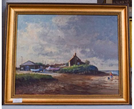 Robin Furness (b.1933)"Evening light at Boulmer"Signed and dated 2016, inscribed verso, oil on canvas, 34.5cm by 43.5cm