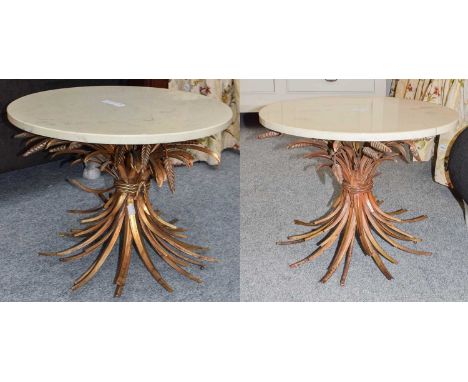 A pair of modern gilt metal occasional tables in the form of wheat sheafs with composition circular tops 51cm diameter by 40c