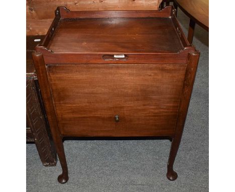 A mahogany commode with tambour front converted to a bed side table; together with a further converted commode (2)