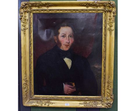 English School (19th century)Portrait of a Gentleman, half-length, wearing a black coat and polka dot bow tie holding a book 