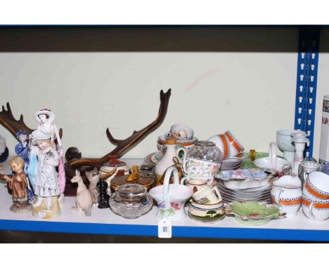 Mounted antlers, Haddon Hall teaware, figurines, Beswick and Goebel cats, etc