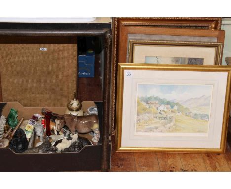 Vintage woven linen basket and a box of assorted ceramics, pictures, etc