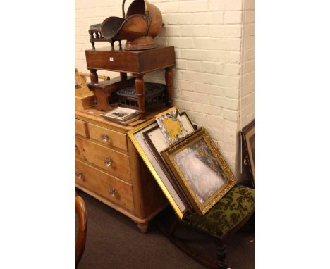 Victorian mahogany stool commode, three stools, rocking chair, copper scuttle, pine cutlery tray, pictures, rug and wall hang