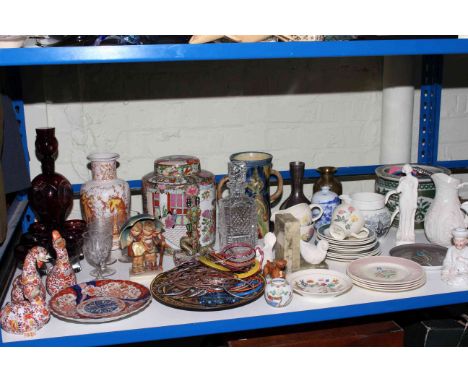 Oriental lidded jar, Imari plate, Susie Cooper teaware, ruby glass liqueur set, relief jugs, etc