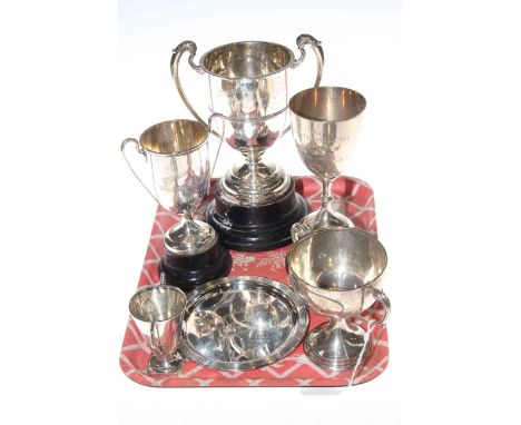 Four silver trophy cups, silver goblet and a silver plate, each with Darlington Dog Show engraving