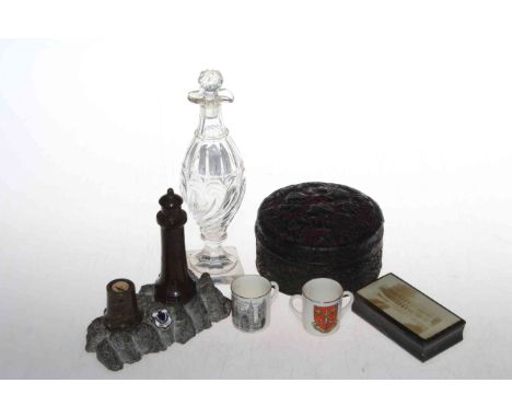Chinese box, early 19th Century vinegar bottle, two miniature crested cups, etc