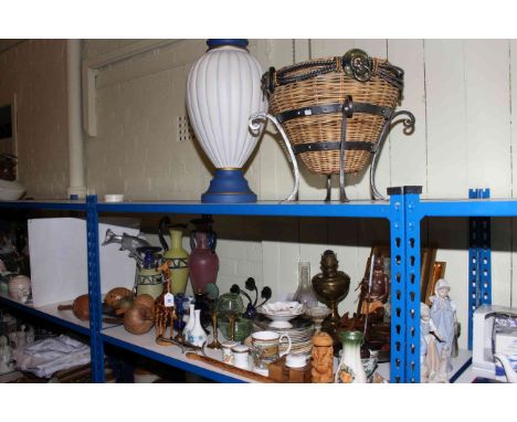 Oil lamp, two Lladro and two Nao figures, Lladro cat, ethnic face masks, large vase, wicker basket, etc