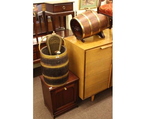 Cooper oak coal bucket, Cooper oak coal scuttle, mahogany coal cabinet, folding fan style firescreen and companion set