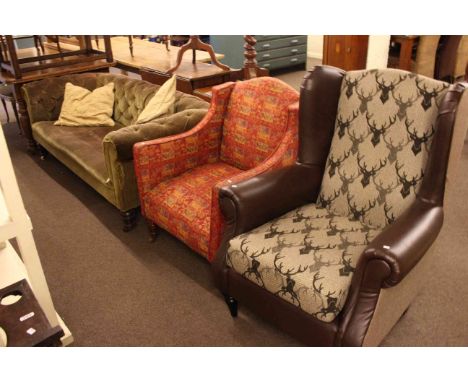 Victorian button back Chesterfield settee, Edwardian armchair and modern leather and upholstered wing armchair