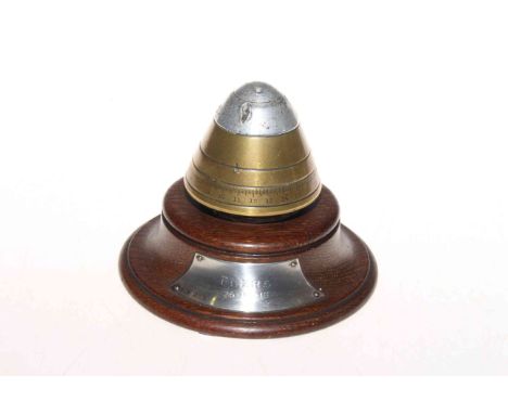 WWI German bomb timer on wood base with silver plaque, stamped FLERS 26-10-1915