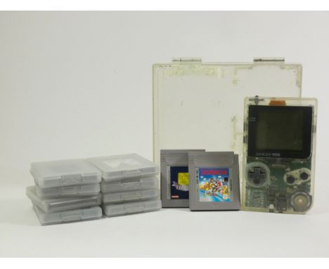 A Nintendo Game Boy Pocket (model MH17961129), transparent, with Nintendo branded clear storage case with fitted interior, al