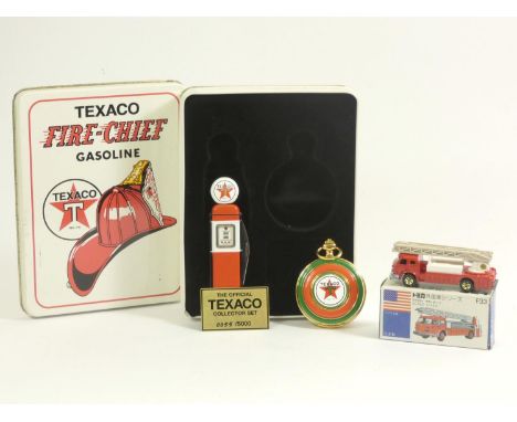 A Tomica NoF33 American Ladder Chief (1:143 scale), original box, together with a Texaco Fire-Chief gasoline official collect