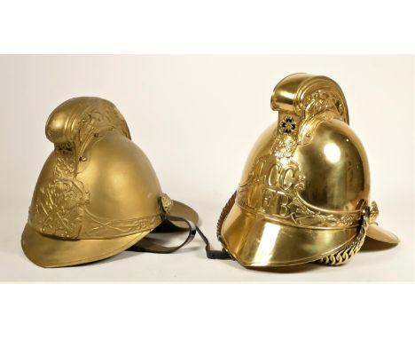 A Merryweather (reproduction / ceremonial) Fire Helmet, brass with decorated high comb, LCC LFB crest to front complete with 