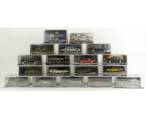 A collection of eighteen James Bond Die-cast vehicles, 1/43 scale, original packaging, attached to the James Bond Car Collect