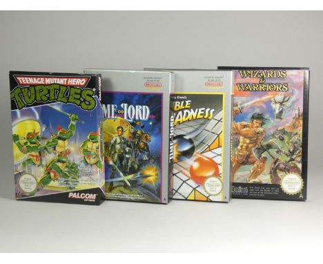 Four NES games, to include Wizards &amp; Warriors (original box, polystyrene insert, sleeve, manual and club Nintendo card), 