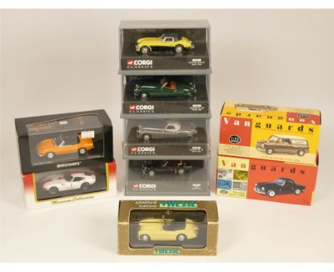 Nine die cast 1:43 scale models; Corgi Classics Jaguar XK120 x 2, Austin Healy, Triumph TR3A, Minichamps Fiat Dino, Vanguards