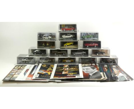 A collection of sixteen James Bond Die-cast vehicles, 1/43 scale, original packaging, attached to the James Bond Car Collecti