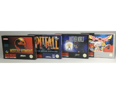 Four Super Nintendo Games, to include Parodius (original box, insert and manual), Another World (original box, insert, club N