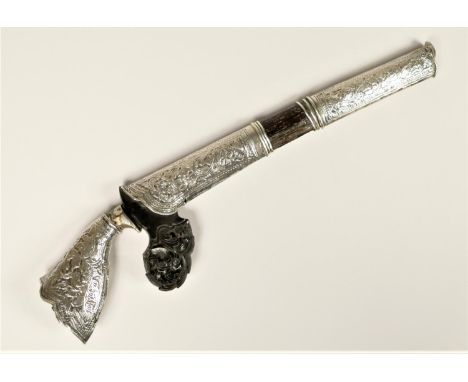 A 19th century Persian Kard, with unmarked silver mounted hilt and scabbard, length of blade19cm 