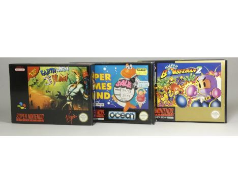 Three Super Nintendo Games, to include Earth Worm Jim (original box, insert, Virgin Interactive registration card and informa