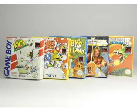 Five Gameboy games, to include WWF Superstars (original box, plastic insert, case, manual, poster and club Nintendo card), Bu