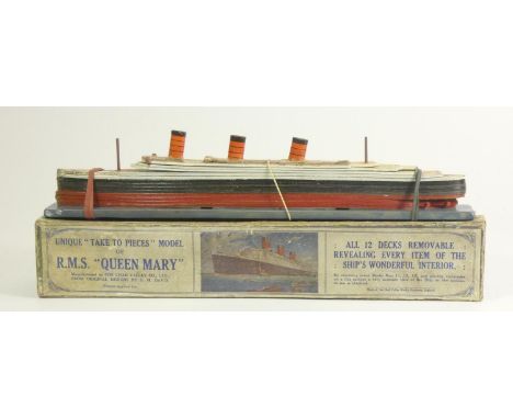 Chad Valley "Take To Pieces" model of the RMS Queen Mary, built up from printed card layers, numbered with key chart (also in