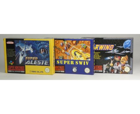 Three Super Nintendo Games, to include Starwing (original box, insert, manual, poster and information booklet), Super SWIV (o