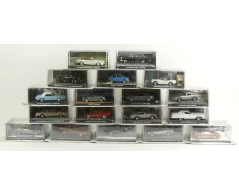 A collection of eighteen James Bond Die-cast vehicles, 1/43 scale, original packaging, attached to the James Bond Car Collect