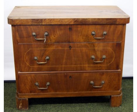 19th century French walnut and oak three-drawer commode chest, the central drawer with a single inlaid band of satinwood, wit