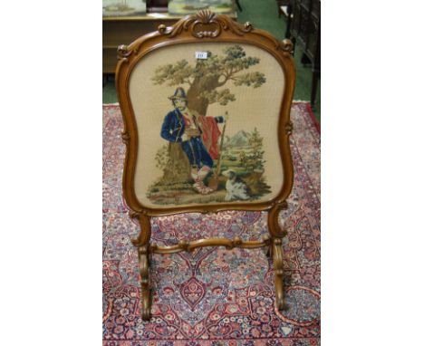 Antique oak-framed and glazed embroidered tapestry fire screen