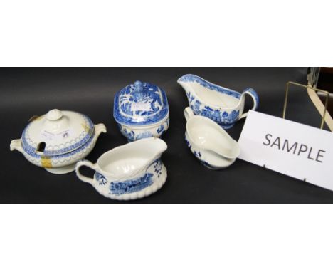A pair of Copeland Spode Italian lozenge-shaped meat plates, two blue-over-white sauce tureens, three gravy boats etc.