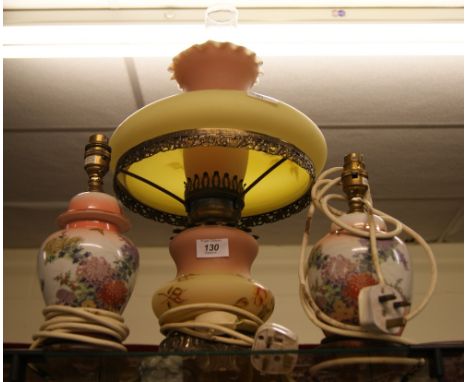 Large colourful converted oil lamp, plus two Oriental-style lamps